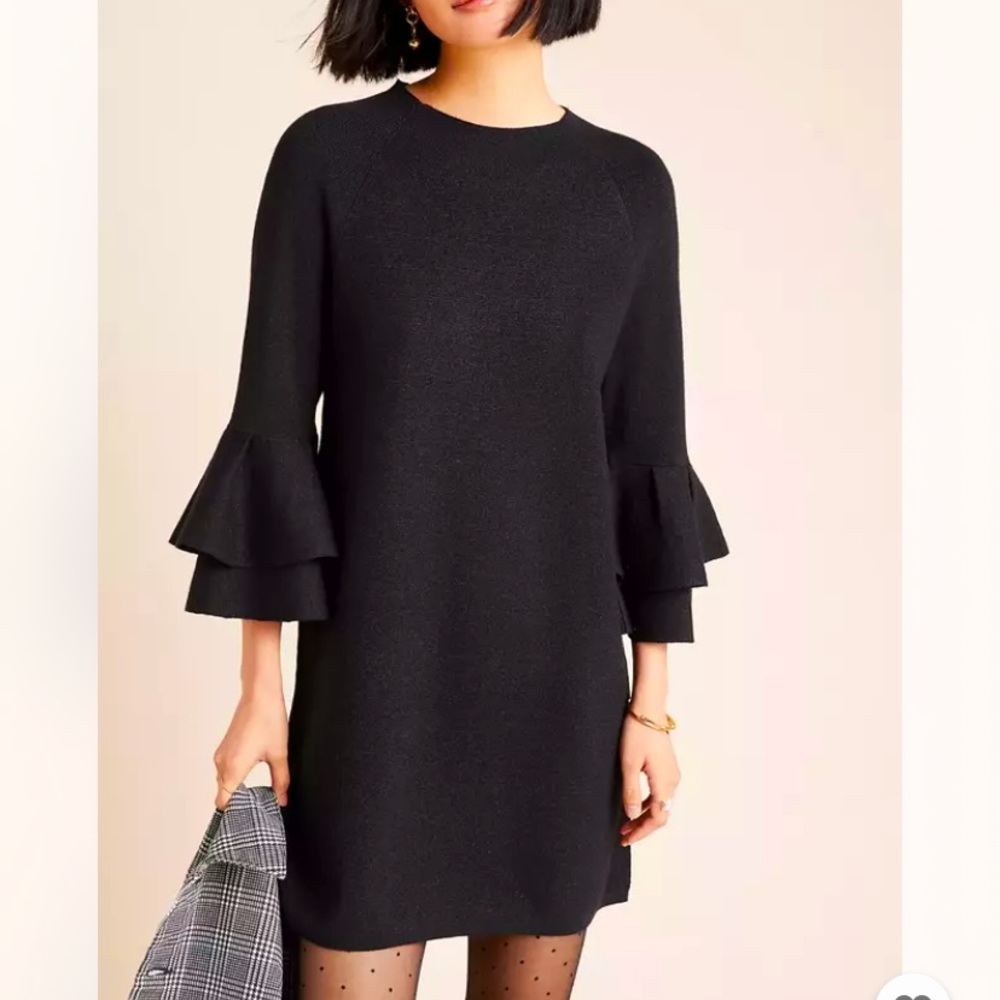 Anthropologie Black Ruffle-Sleeve Mini Dress